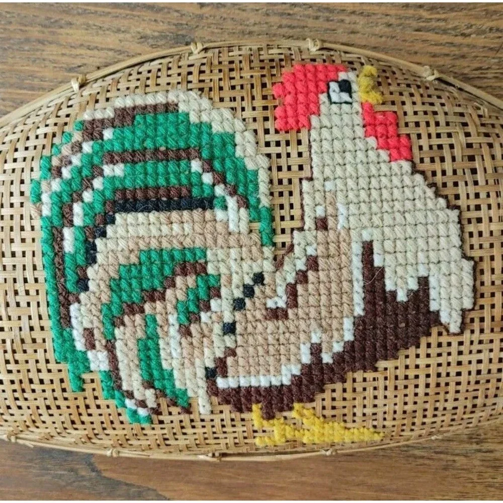 Country GrannyCore Rooster Basket Artist Signed 16